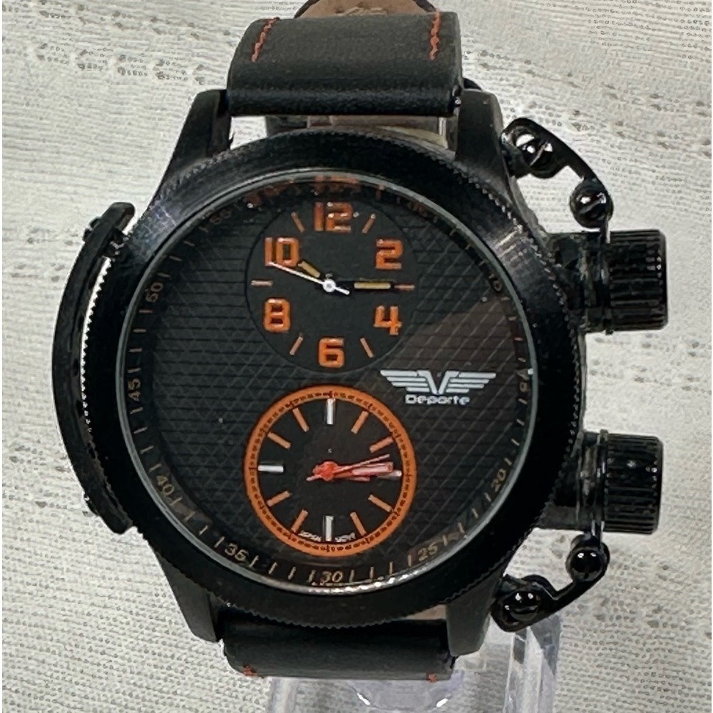 Deporte Sutton Dual Time Black Leather 50mm Quartz Watch